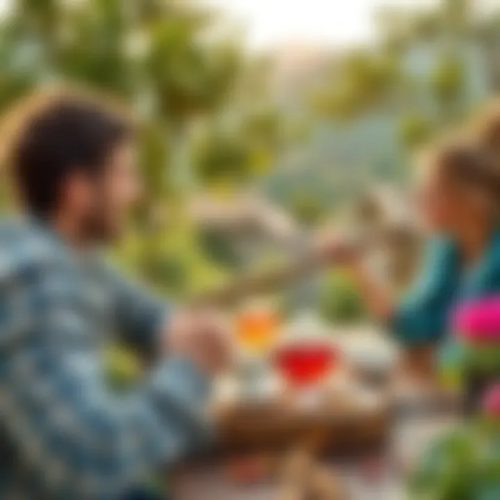 A beautiful landscape with friends enjoying tea outdoors