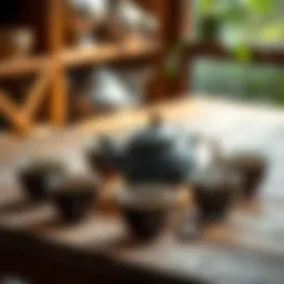 A serene tea setup with a teapot and cups on a wooden table