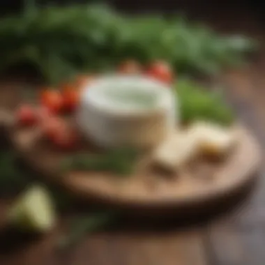 A rustic wooden board adorned with slices of Tulum cheese and fresh herbs.