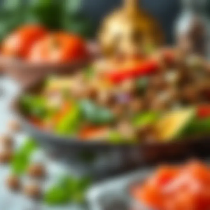 A close-up view of a vibrant salad bowl filled with fresh vegetables and nuts